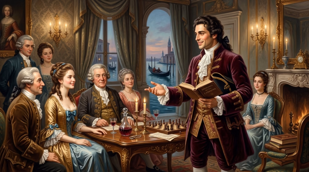Illustratie van Giacomo Casanova die voorleest uit zijn memoires in een 18e-eeuwse kamer in Venetië.