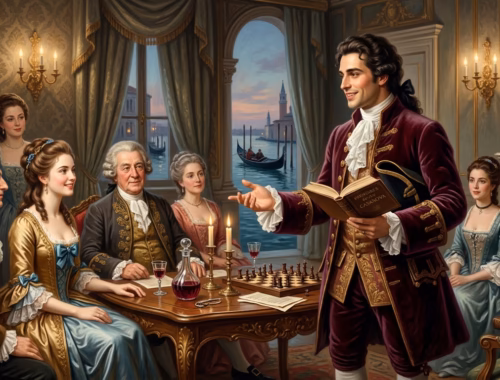 Illustratie van Giacomo Casanova die voorleest uit zijn memoires in een 18e-eeuwse kamer in Venetië.